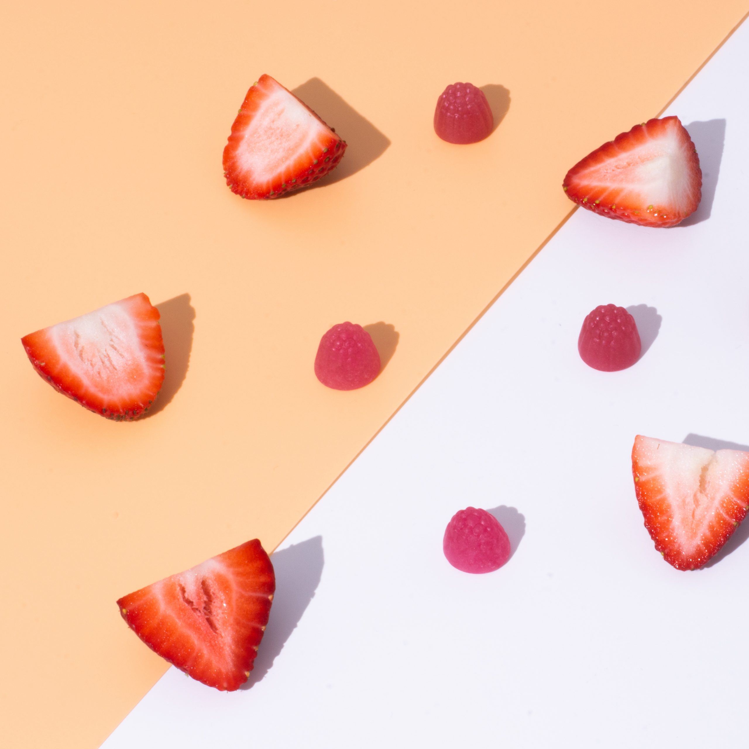Strawberries and gummies spread out
